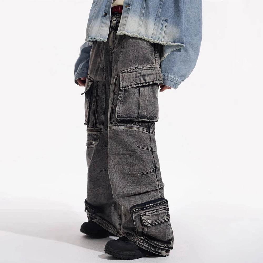 Men Gothic Jeans Y2k Big Pocket Cargo Jeans Streetwear Fashion Japanese Youth Campus Wide Leg Casual Pants Male Men'S Clothing