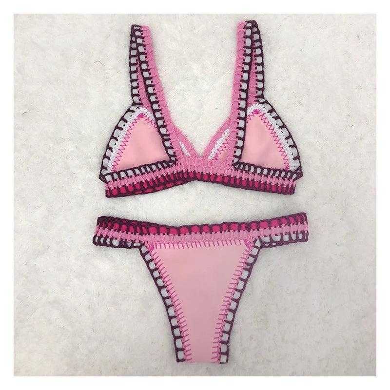 Handmade Crochet Bikini - Women's Two Piece Swimwear, Elastic Triangle Top & Low-Rise Bottoms
