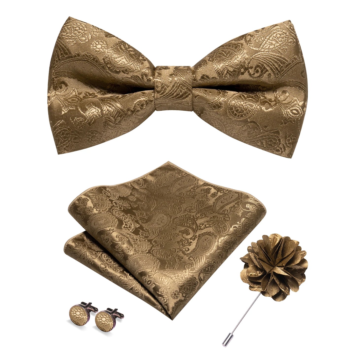 Champagne Silk Jacquard Paisley Bow Tie Set - Pre-tied Bowtie Brooch Hanky  Cufflinks for Weddings  Business