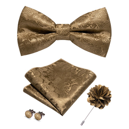 Champagne Silk Jacquard Paisley Bow Tie Set - Pre-tied Bowtie Brooch Hanky  Cufflinks for Weddings  Business