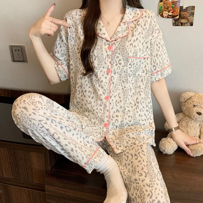 French-Style Sweet Bow Pajamas for Women: Summer Short-Sleeve Long-Pants Set with Cloud-Print, Soft and Cozy Cotton Loungewear