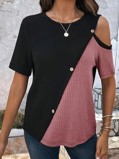 Plus Size T-Shirt - Women's Casual Tee With Button Detail | Loose Fit Patchwork