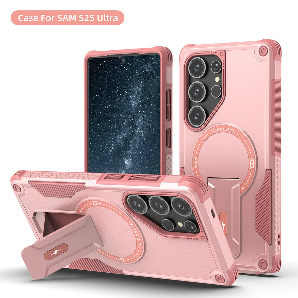 Fold Stand Holder Magnetic Armor Case For Samsung S26 S25 Ultra S24 Plus A26 A16 A56 Wireless Charging Bracket Shockproof Cover