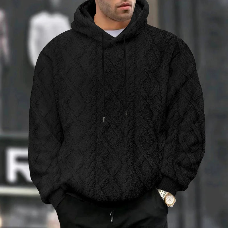 Autumn and winter leisure men's high street jacquard double-sided velvet hooded sports trend pullover sweater jacket