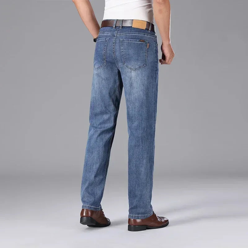 2026 Summer Brand Clothing Men's Straight Loose Lightweight Jeans Classic Badge Business Casual Thin Cotton Stretch Pants