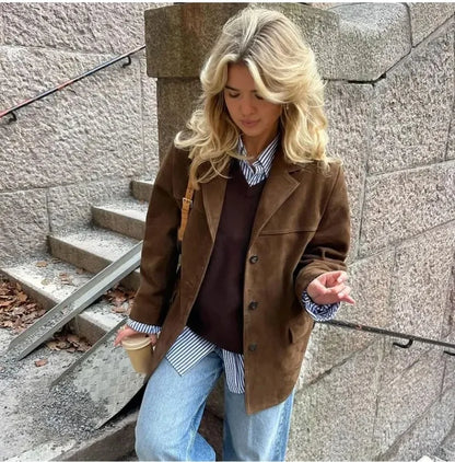 Women Autumn Jacket - Casual Single Breasted Lapel Collar Coat With Button Decoration