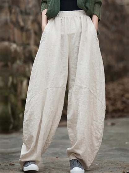 Elegant Women's Cotton Linen Baggy Cargo Pants Vintage Elastic Waist Yoga Trousers Loose Casual Long Wide Leg Oversize Clothes