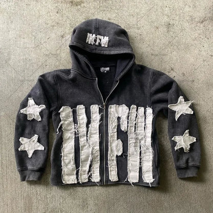 Autumn And Winter Hoodie Patchwork Letter Star Pattern Long Sleeved Pullover Hoodie Harajuku Fashionable Loose Versatile Jackets
