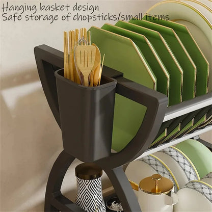 2-Tier Dish Drying Rack Kitchen Countertop Drainer Shelf Large Capacity Bowl Plate Organizer Space Saver with Utensil Holder