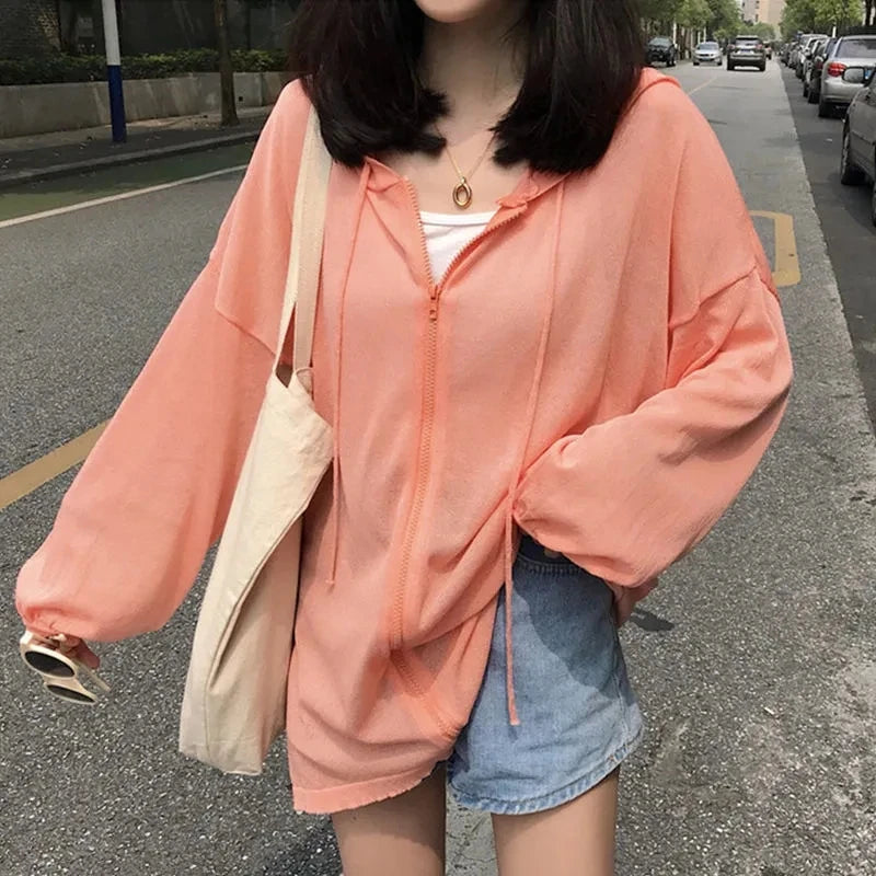 Summer Hooded Sun Protection Clothing Women's Casual Zipper Ultra-thin Lightweight Sun Protection Jacket Loose Top Female