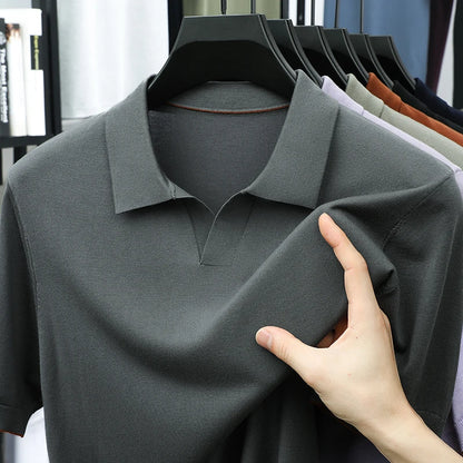 100%  Lyocell Knitwear 2025 Men Spring Summer Trendy Turn Down Collar Knit Tees Short Sleeve Breathable Knit Tops