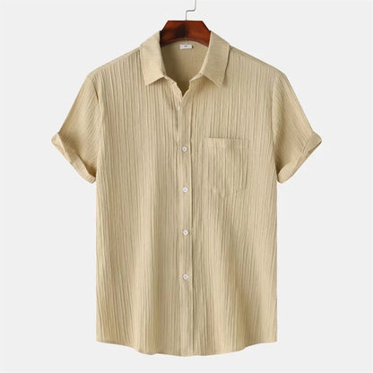 New 9 Color Men's Solid Striped Shirt Summer Fashion Short Sleeve Flap Top Men Casual Holiday Everyday Men