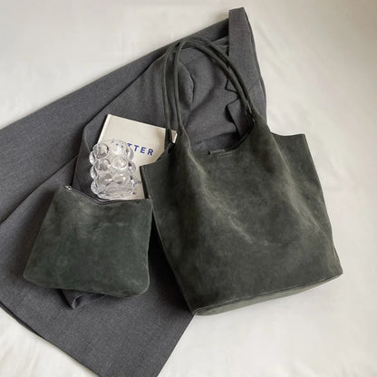 Women's Suede Shoulder Bag - High Capacity Casual Tote With Zippered Purse & Cell Phone Pocket