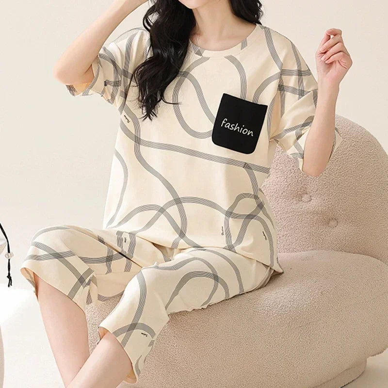 Summer Capris Pajamas for Women Plus Size 5XL Woman Causal Pajama Sets Cartoon Lapel Pijamas Cute Girl Soft Cotton Sleepwear