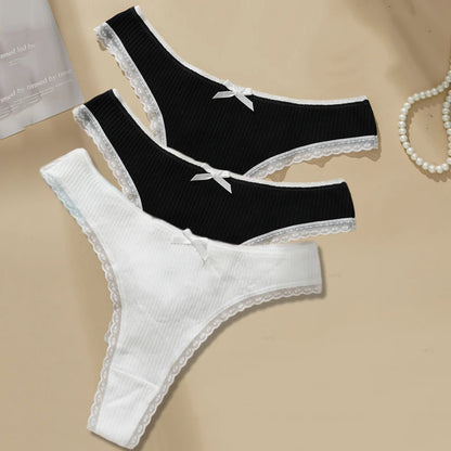 3PCS Sexy Low Waist Panties Women Lace Trim Solid Color Briefs M-XL Breathable Comfortable Lingerie Female Rib Cotton Underwear