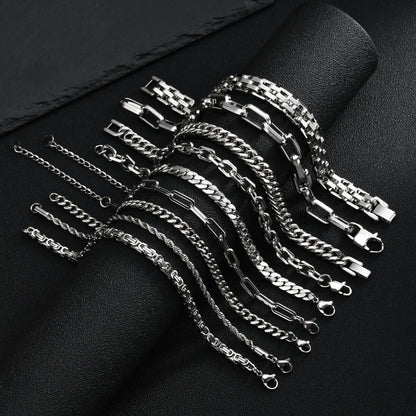 Punk Silver Color Men's Chain Bracelets,Hiphop Stainless Steel Braided Link Wristband,Classic Metal Jewelry Gift for Him Dad