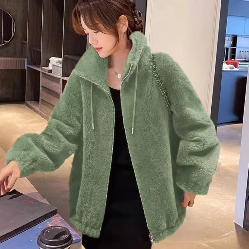 Women Winter Coat - Warm Double Coral Fleece Zipper Closure Jacket With Stand Collar