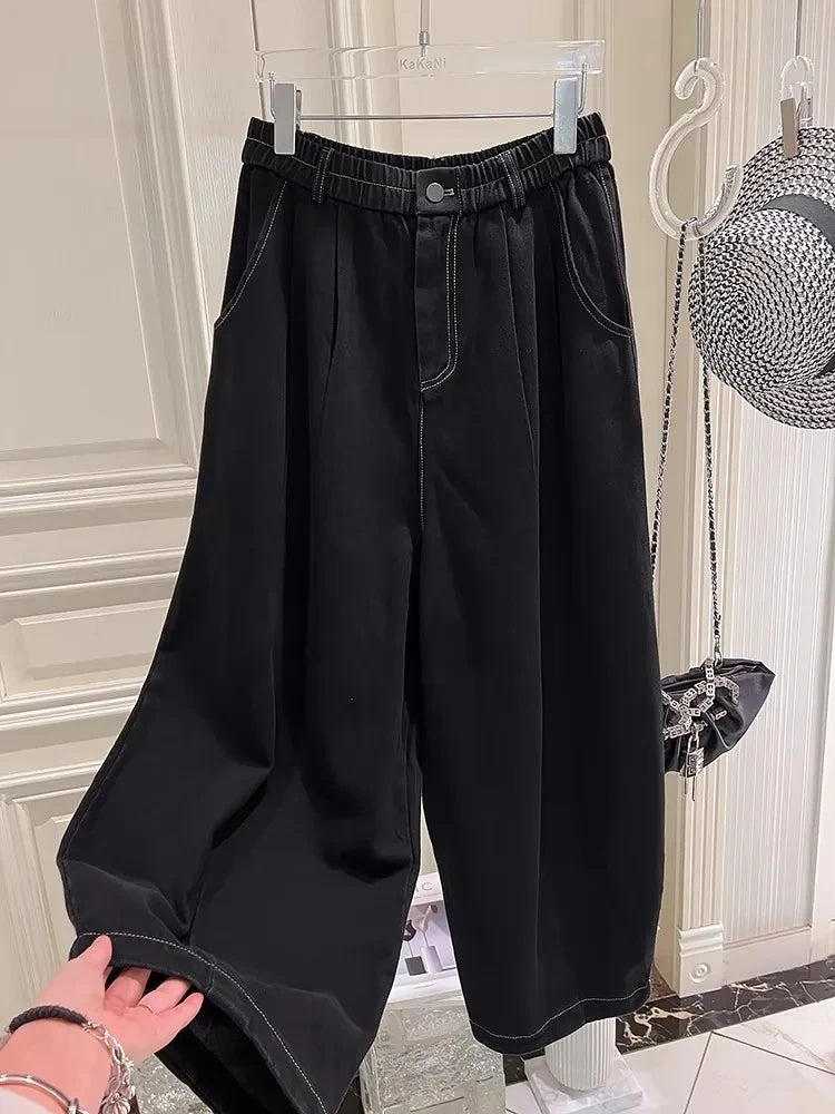 Plus Size 5XL 140kg Summer Autumn Ankle-Length Pants Elastic Wasit Wide Leg Jeans for Woman Big size Jeans Oversized Women