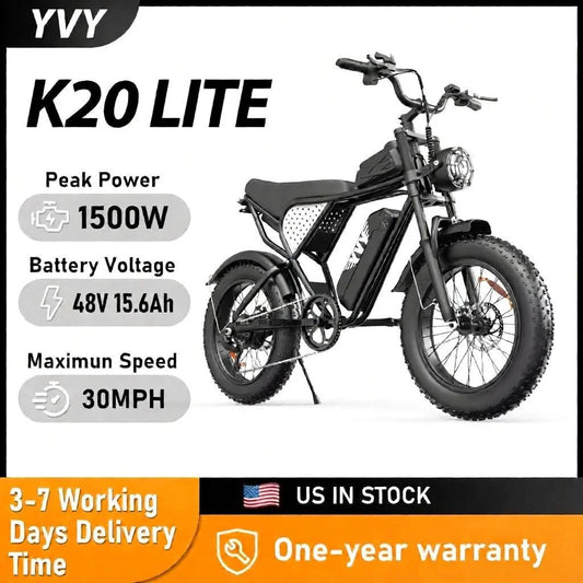 YVY K20 Lite 1500W Electric Bike for Adults 30MPH 48V 15.6Ah Off-road Trail 20*4 Inch Fat Tire E Bike 7 Speed Mountain Bike