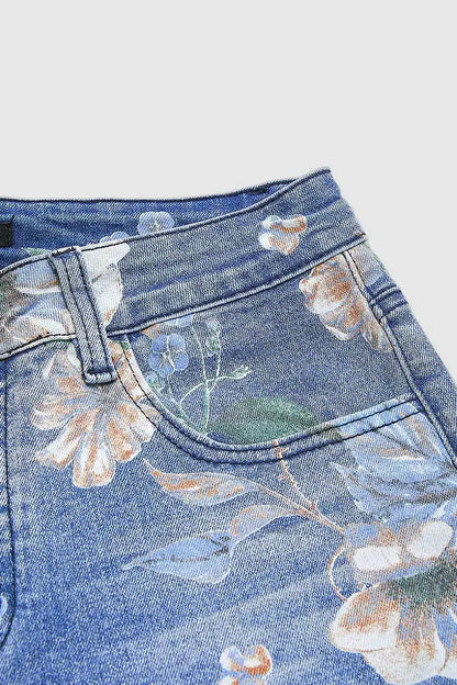 New for 2026: Women's Blue High-waisted Stretch Jeans, Vintage-style Loose-fit Wide-leg Denim Pants with A Floral Print.