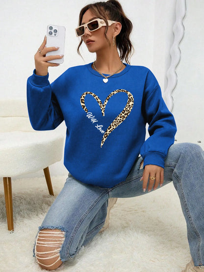 Leopard Wild Heart Pattern Print Female Sweatshirt Street Fur-Liner Pullovers Hipster Clothing All-Match Crewneck Tracksuit