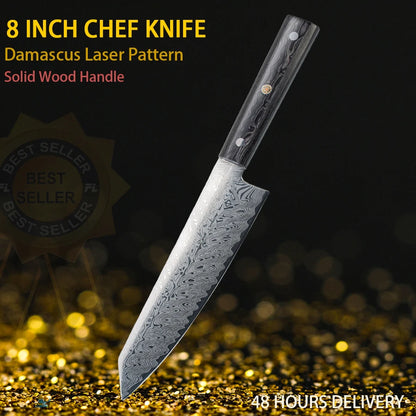 Damascus Chef Knife - Japanese Santoku Slicing Knife with Solid Wood Handle