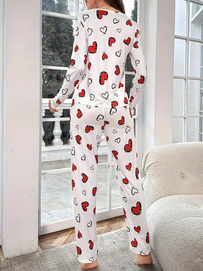 Women Autumn Winter Sleepwear Heart Print Knitted Round-Neck Loose Tops and Elastic Long Pants Pajama Set Loungewear