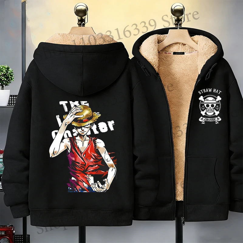 One Piece Man Thick Hooded Jacket Woman Winter Keep Warm Coat Anime Luffy Print Fleece Jacket Thermal Long Sleeve Hooded Clothes