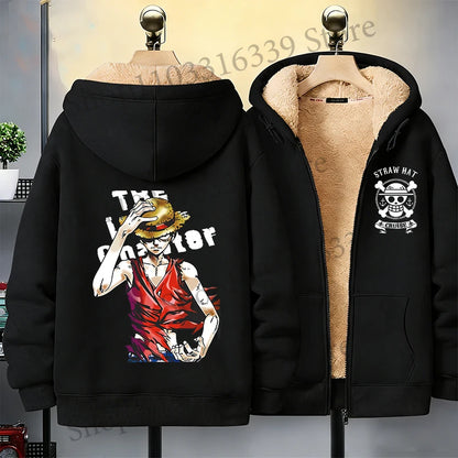 One Piece Man Thick Hooded Jacket Woman Winter Keep Warm Coat Anime Luffy Print Fleece Jacket Thermal Long Sleeve Hooded Clothes