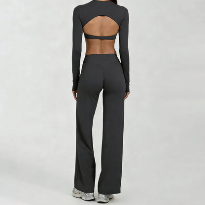 Running Sportswear Women 2 Piece Set Short Cropped Long Sleeve Top Straight Leg Yoga Pants Breathable Quick Dry Gym Suit
