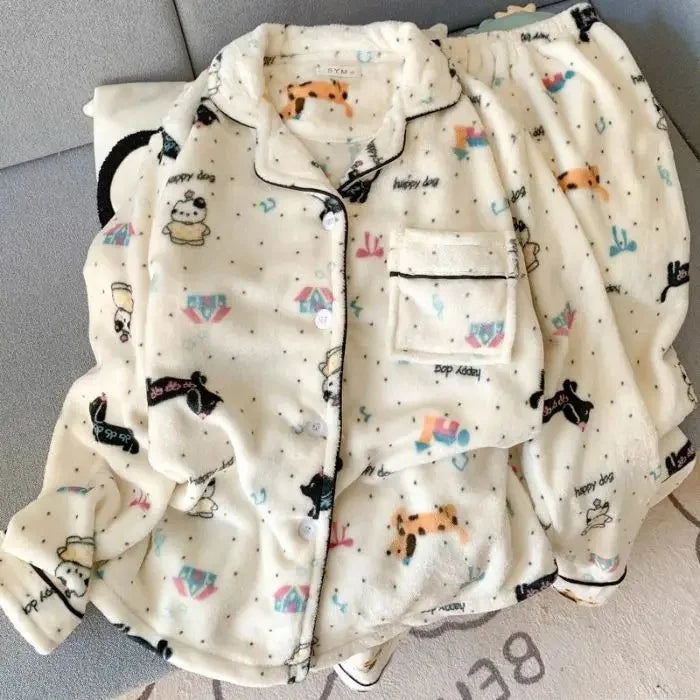 Plus Size Fluffy Winter Pajamas Women's Home Clothes Set Thickened Warmth Sleepwear with Running Dogs Design Cozy Indoor Suit