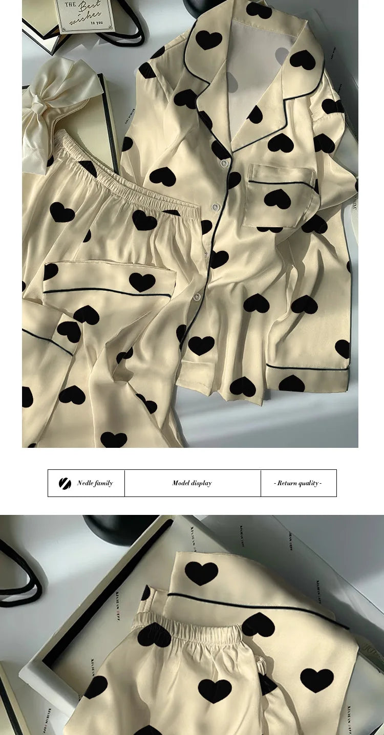 Women's Spring and Summer Light Luxury High Value Love Love Ice Silk Cool Feeling Pajamas Female Long-Sleeved Two-Piece Homewear