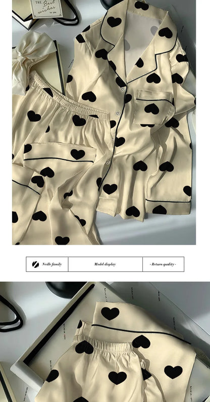 Women's Spring and Summer Light Luxury High Value Love Love Ice Silk Cool Feeling Pajamas Female Long-Sleeved Two-Piece Homewear