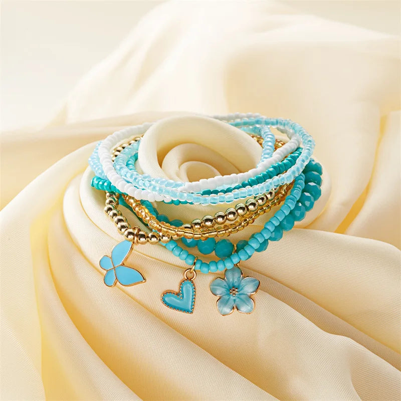 9pcs/set Bohemian Butterfly Flower Pendant Bracelet for Women Handmade Rice Beads Stacked Bracelet Summer Beach Party Jewelry