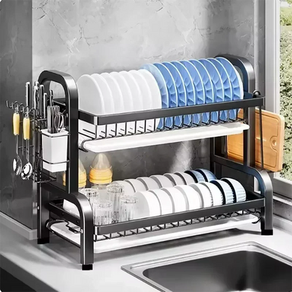 Compact 2-Tier Stainless Steel Dish Drainer 2025 New Rustproof Kitchen Organizer with Utensil Holder