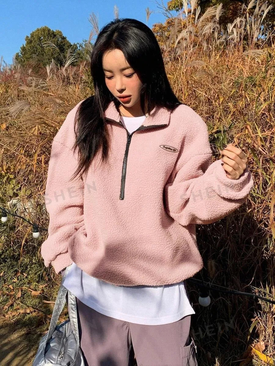 Autumn Winter Women Fleece Pullover High Neck 1/4 Zip Sweatshirts Retro Badge Green Loose Warm Teddy Outwear Harajuku Clothing