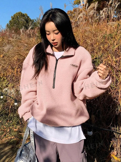 Autumn Winter Women Fleece Pullover High Neck 1/4 Zip Sweatshirts Retro Badge Green Loose Warm Teddy Outwear Harajuku Clothing