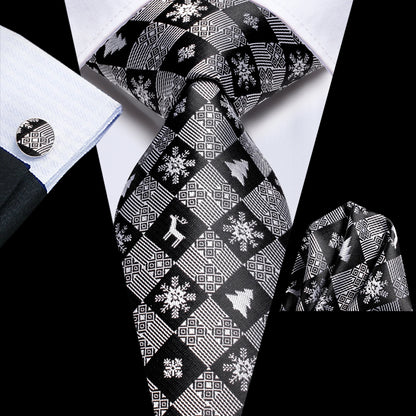 Black Floral Silk Wedding Tie Set - Elegant Necktie with Handkerchief  Cufflinks for Men