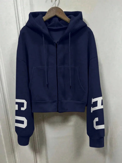 Women Y2K Crop Zip Up Hoodie Letter Print Oversized Long Sleeve Hooded Sweatshirt Casual Streetwear Short Jacket Outerwear