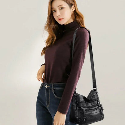 Soft Leather Shoulder Bag - Women's Crossbody Double Layered Large Capacity Tote