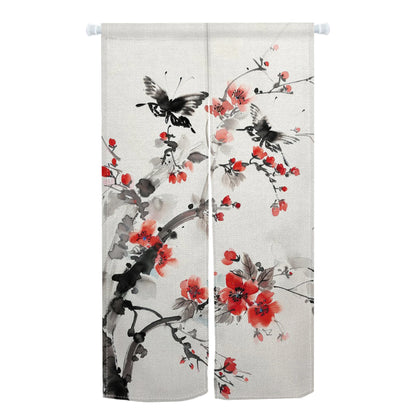 Japanese Door Curtain - Cherry Blossom Curtain With Kanagawa Wave Design | Linen Door Panel