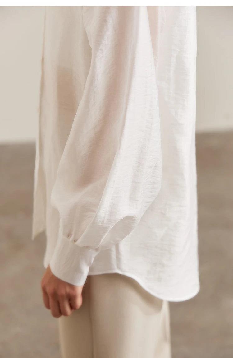 AMII Minimalist Blouse for Women 2023 Autumn Lantern Sleeve V-Neck Slightly Transparent Elegant Commuter Clothing Tops 72341030