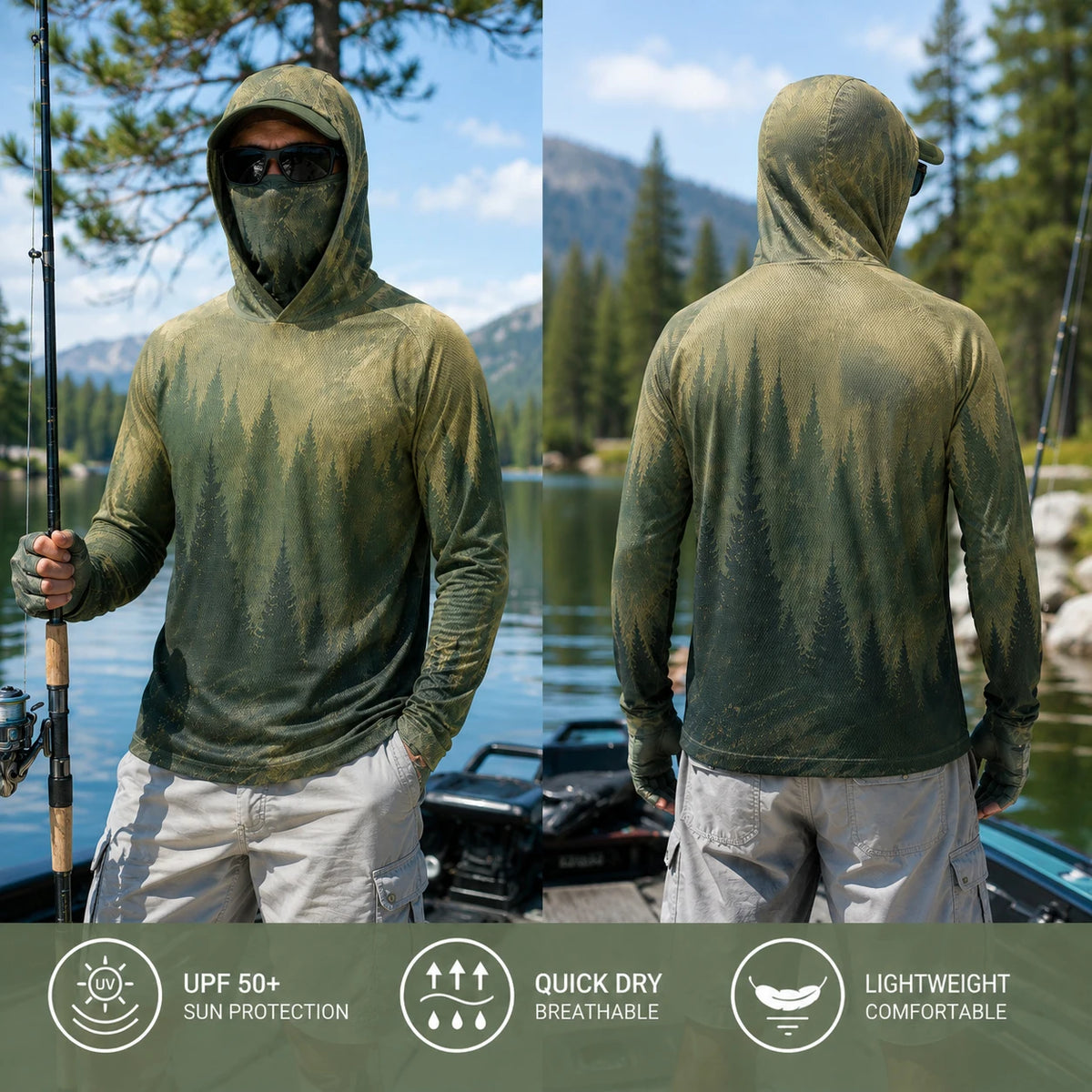 Men's Hooded Fishing Shirt with Face Mask UPF 50+ Sun Protection Long Sleeve Outdoor Performance Hoodie