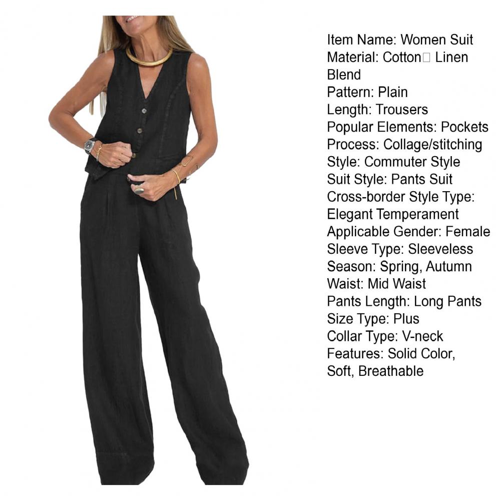 Autumn White Linen Two Piece Set For Women 2023 Fashion Sleeveless Tank Top New In Matching High Waist Wide Pants Set