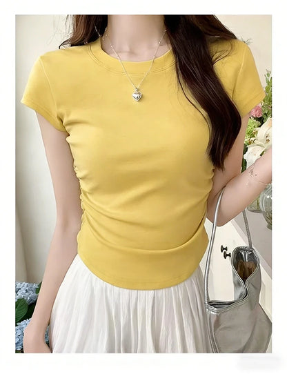 Women's Basic Solid Crop Top Short Sleeve Crewneck Skinny T-shirt Summer Casual Y2K Vintage Harajuku Streetwear