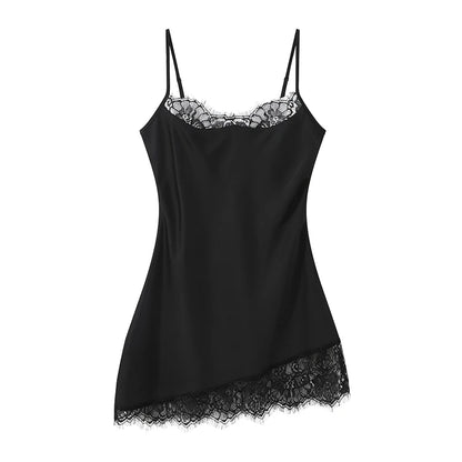 Lace Trim Sling Dress - Sleeveless Slim Fit Mini Dress With Natural Waistline