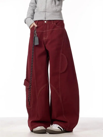 Cargo Red Casual Jeans Womens Workwear Pants Loose Straight Wide Leg Trousers Spring Korean Style Lazy Comfortable Chic