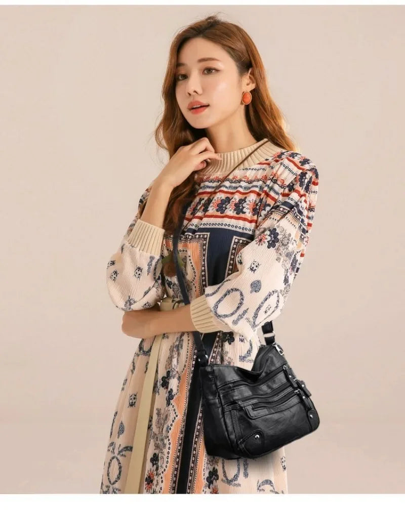 Soft Leather Shoulder Bag - Women's Crossbody Double Layered Large Capacity Tote