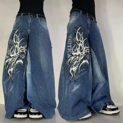 Y2K Vintage Printing Men Baggy Jeans Harajuku Trend Women Hip Hop Fashion Casual Joker Couple Wide-Leg Pants Streetwear