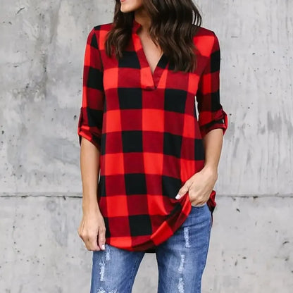 Fashion Plaid V-neck T-Shirt Woman Top Summer T Shirt Women Clothes  Ladies Tops Casual Beach Sun Blusas